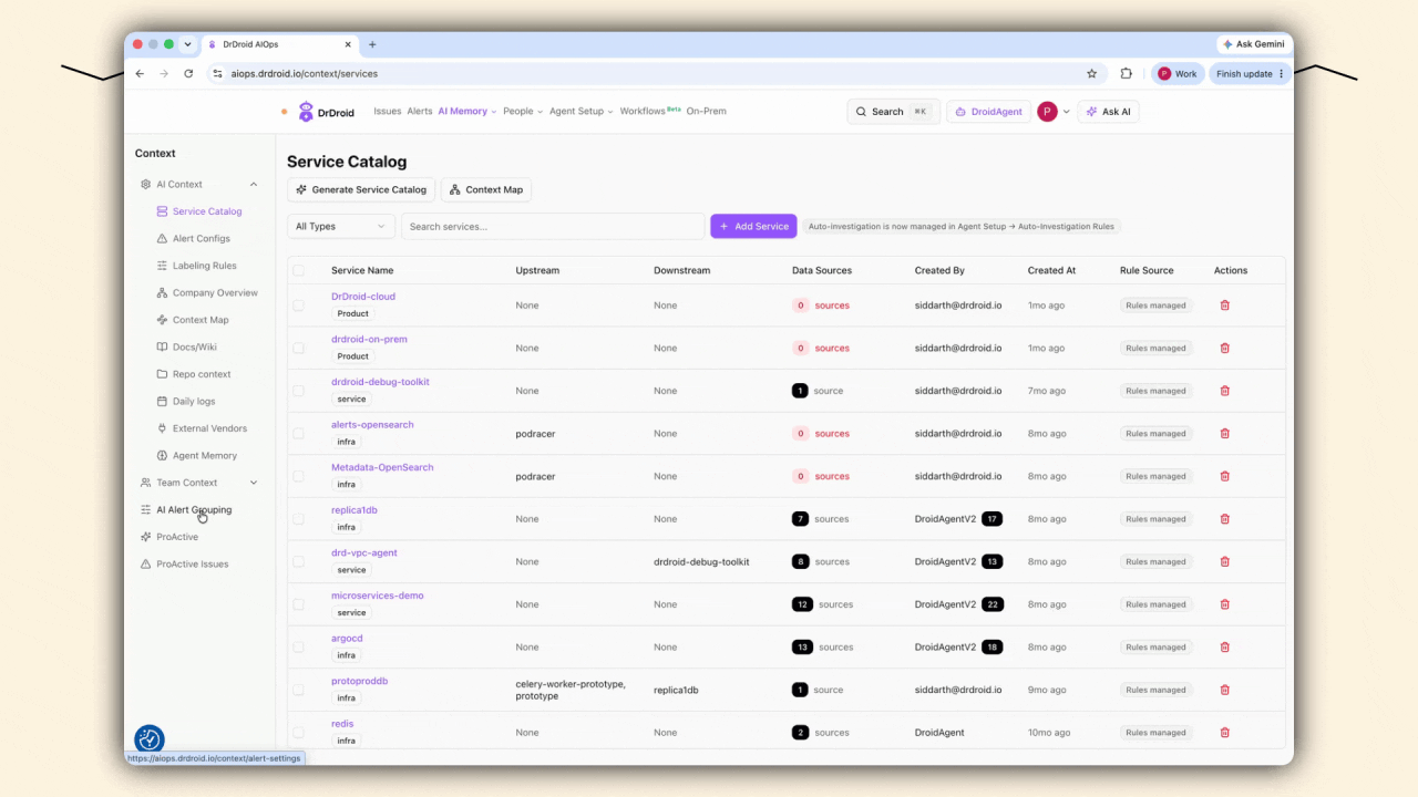 Configuring DrDroid's alert grouping and Slack issue notification settings, including routing new and grouped issues to a team's channel